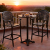 Copper outdoor bar stool with contoured seat and reclined backrest, ideal for backyard and poolside dining.