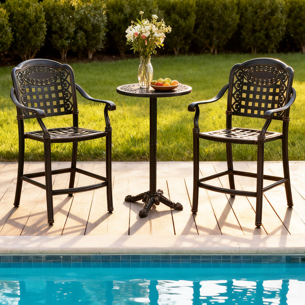 Set of 2 outdoor bar stools in black cast aluminum, featuring ergonomic design, perfect for patio or poolside use.