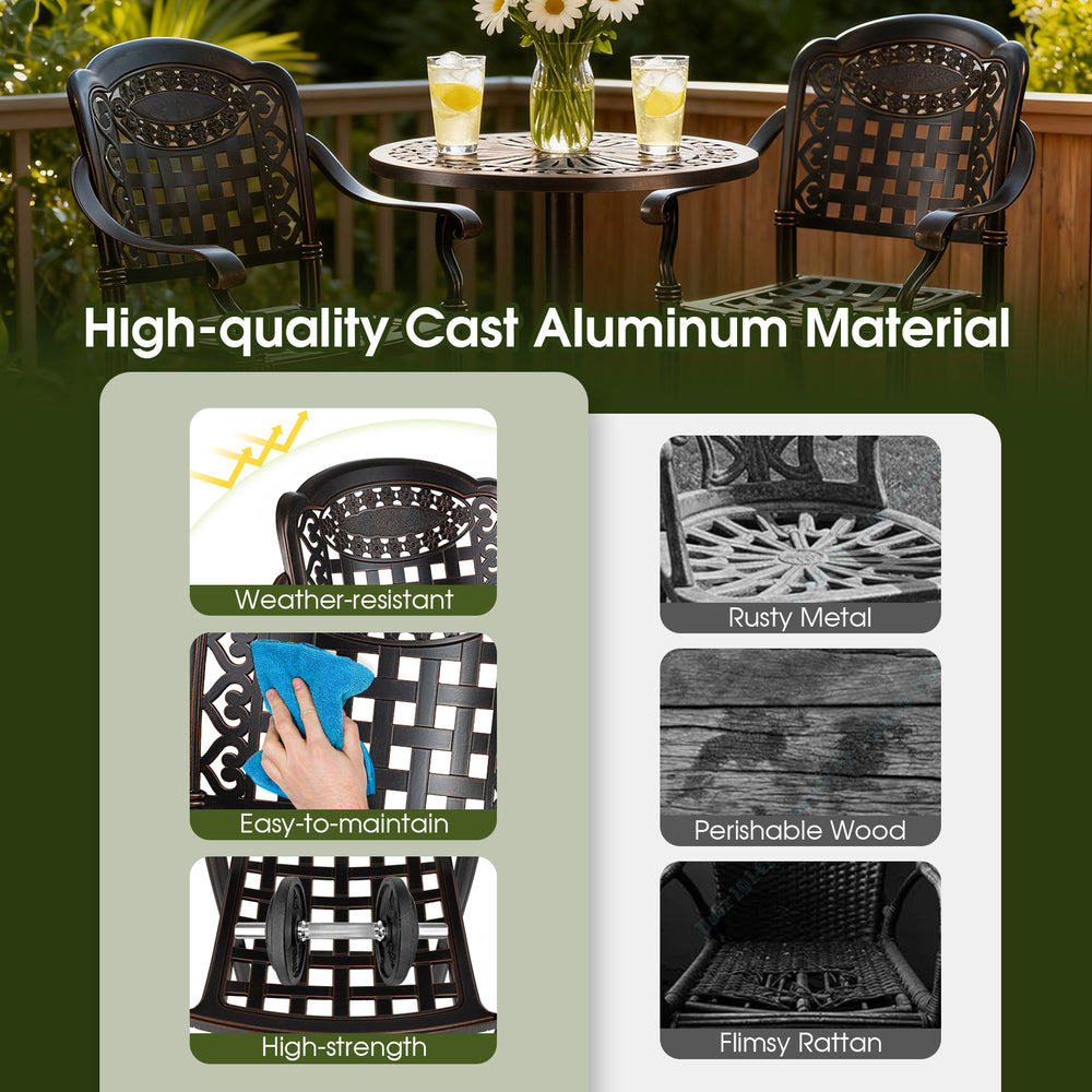 Set of 2 copper cast aluminum outdoor bar stools with ergonomic design, weather-resistant, perfect for patio and.