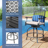 Swivel outdoor bar height chair set with soft cushions, sturdy steel frame, and unique blossom pattern for comfort.