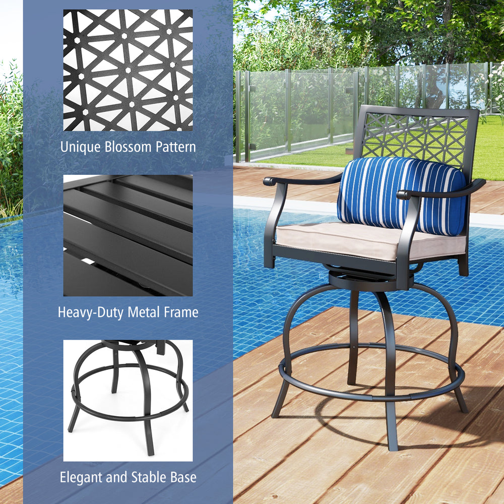 Swivel outdoor bar height chair set with soft cushions, sturdy steel frame, and unique blossom pattern for comfort.