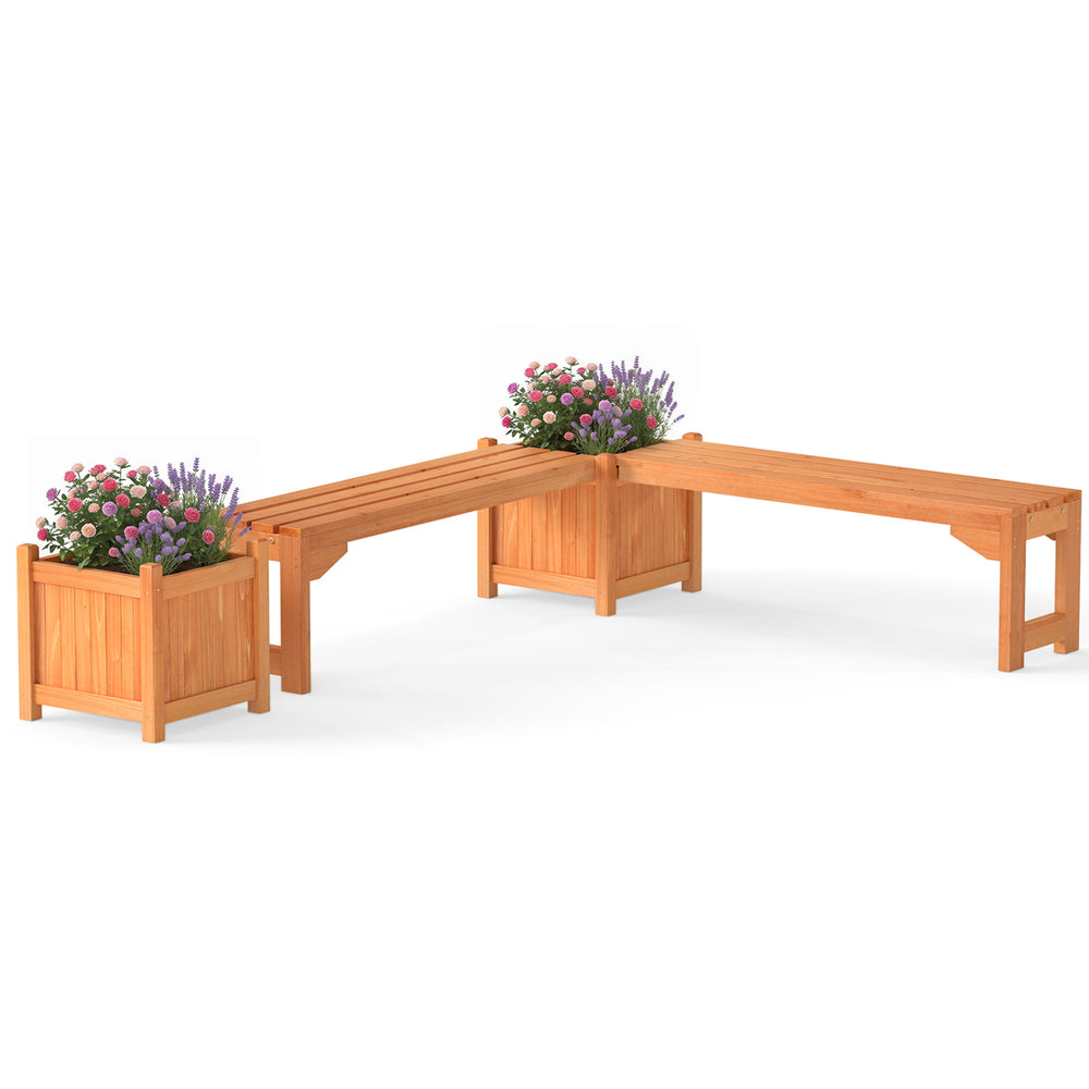 Outdoor bench set with raised garden beds, spacious seating for two, and detachable bottom plates for drainage.