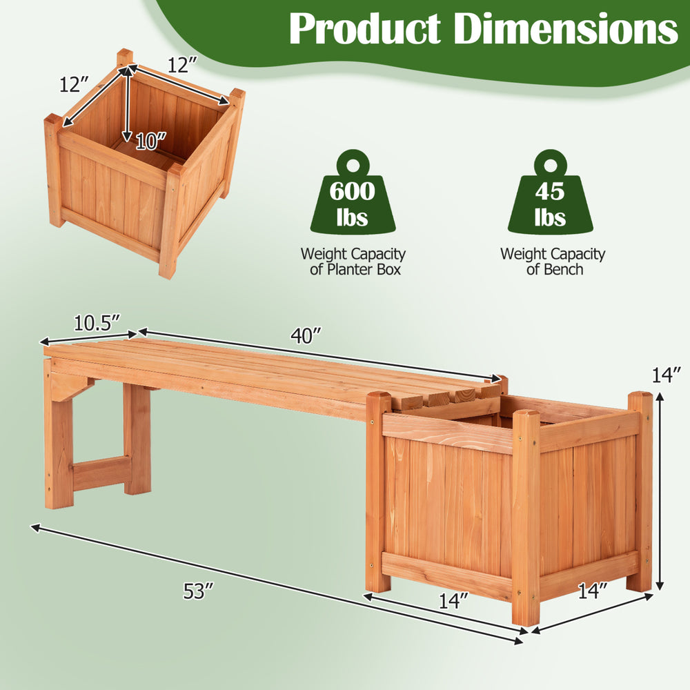 Outdoor bench with raised garden bed dimensions, featuring a sturdy fir wood frame and detachable bottom plates for drainage.