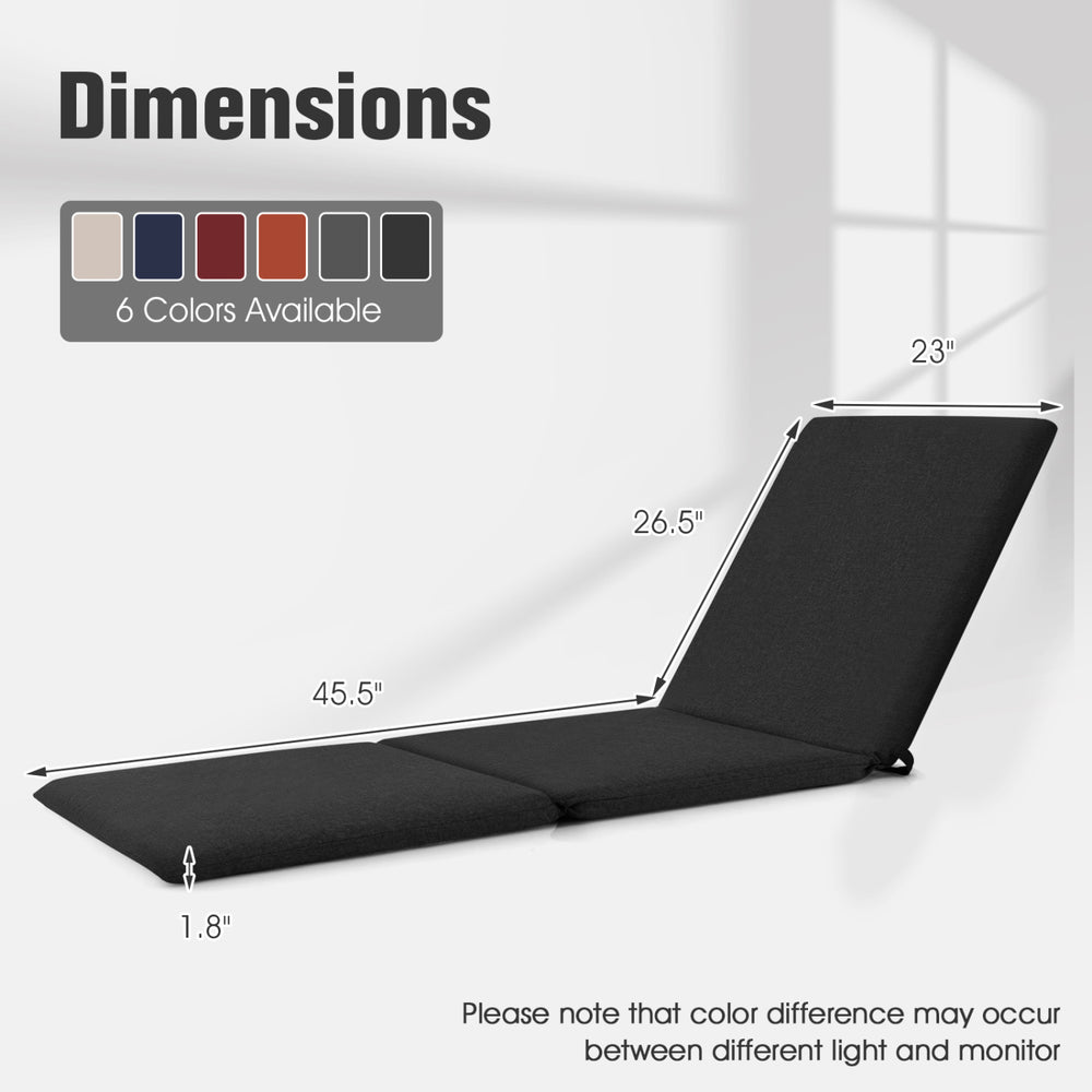 Black tri-fold outdoor chaise lounge cushion with foam padding and fixing straps for comfortable patio relaxation.