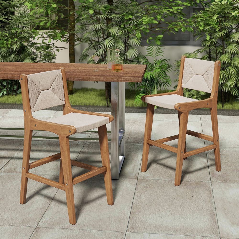 Set of 2 outdoor counter height bar stools with teak wood frame and woven paper rope, perfect for patio or balcony.