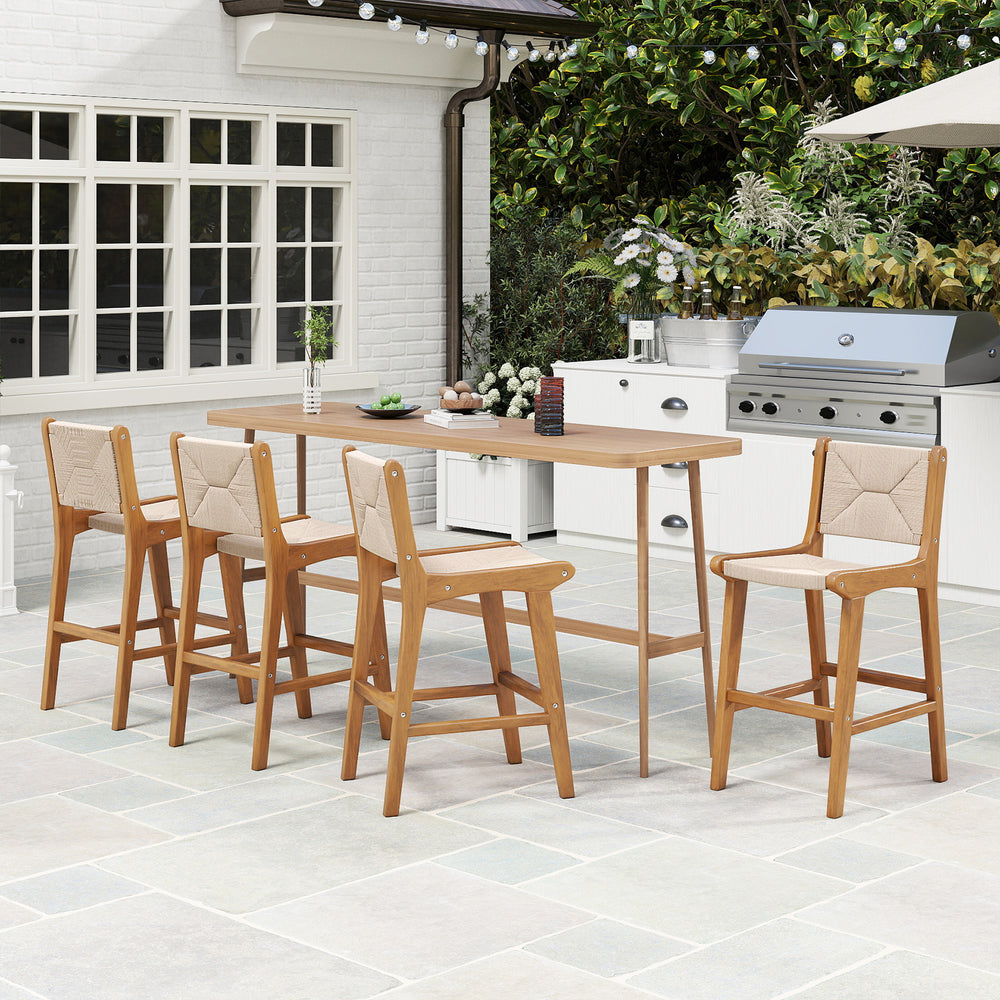 Set of 2 outdoor counter height bar stools with woven paper rope and teak wood frame for stylish patio seating.