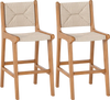 Set of 2 Outdoor Counter Height Bar Stool Woven Paper Rope Patio Barstool with Teak Wood Frame