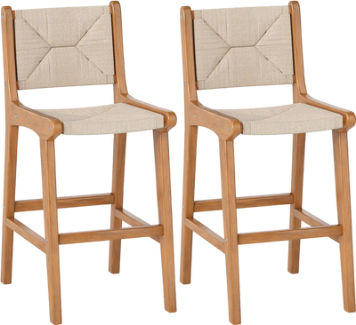 Costway Outdoor Counter Height Patio Bar Stool Set of 2 Woven Rope Teak Wood Frame 84021786 New