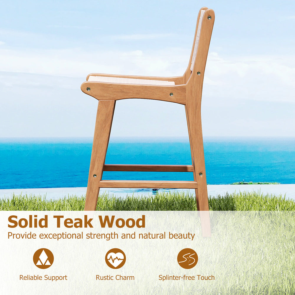 Side view of a solid teak wood outdoor counter height bar stool with woven paper rope, perfect for patio seating.