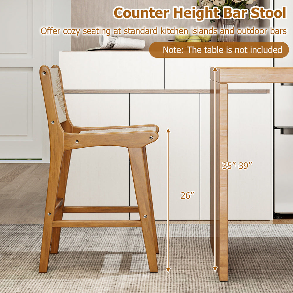 Counter height bar stool with teak wood frame and woven paper rope, ideal for outdoor patios and kitchen islands.
