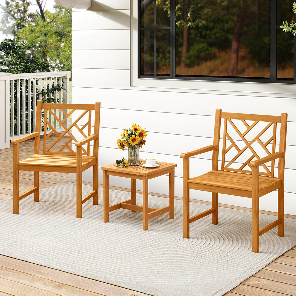 Set of 2 acacia wood outdoor dining chairs with cross-pattern backrest, perfect for patio or garden relaxation.