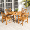 Acacia wood outdoor dining set featuring four chairs with cross-pattern backrests, ideal for patio or garden use.