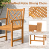 Well-crafted acacia wood outdoor dining chair with cross-pattern backrest, slatted seat, and rounded edges for safety.