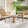 Set of 2 outdoor patio chairs made of Indonesian teak wood with slatted seats, ideal for backyard relaxation.