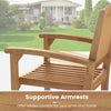 Supportive armrests and slatted seat of the outdoor patio chair made from Indonesian teak wood for backyard comfort.