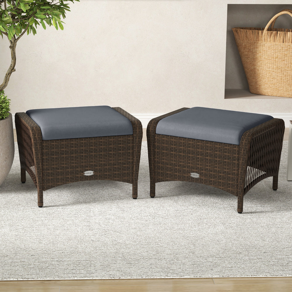 Set of 2 Outdoor Patio PE Wicker Ottomans with Removable Cushions-Grey - Gallery View 1 of 8