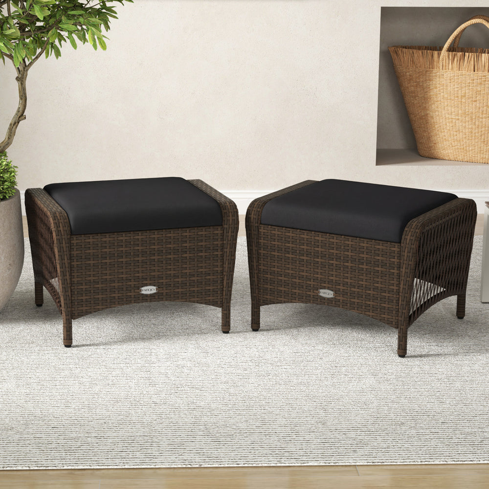 Set of 2 Outdoor Patio PE Wicker Ottomans with Removable Cushions-Black - Gallery View 1 of 8