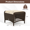 Outdoor patio PE wicker ottoman with removable beige cushion, measuring 21.5” x 17” x 14.5”, supports up to 400 lbs.
