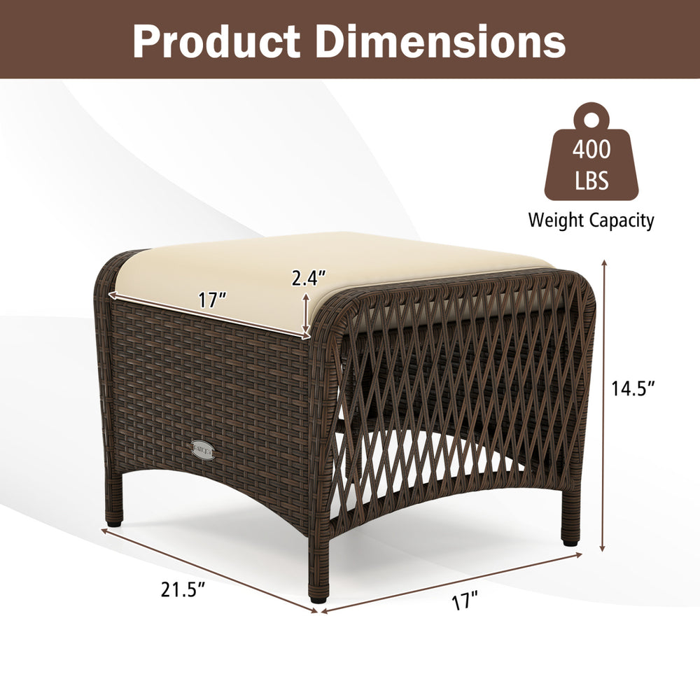 Outdoor patio PE wicker ottoman with removable beige cushion, measuring 21.5” x 17” x 14.5”, supports up to 400 lbs.