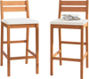 Set of 2 outdoor wood barstools with soft off-white cushions, featuring a sturdy eucalyptus frame for indoor and.