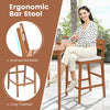 Outdoor wood bar stool with ergonomic design, inclined backrest, and soft off-white cushion for comfort and stability.