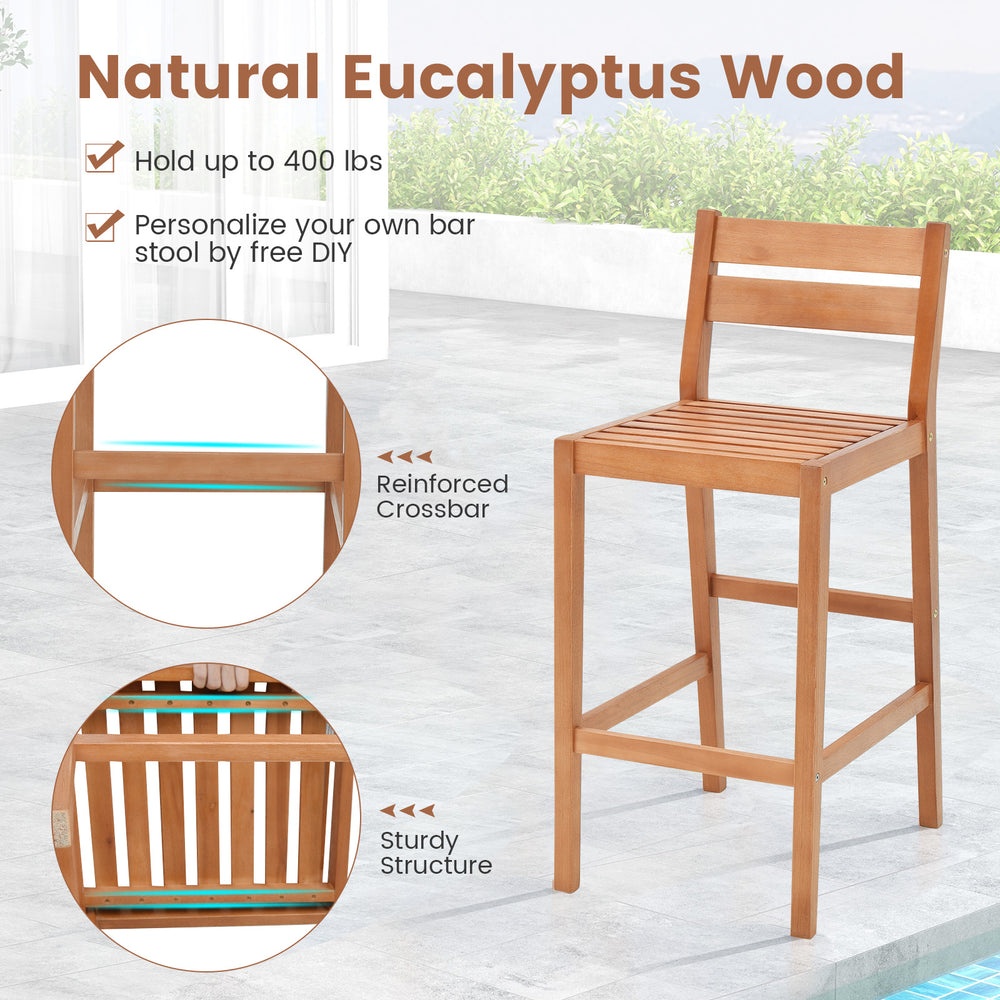 Eucalyptus wood barstool with ergonomic design and footrest, ideal for indoor and outdoor use, featuring a sturdy.