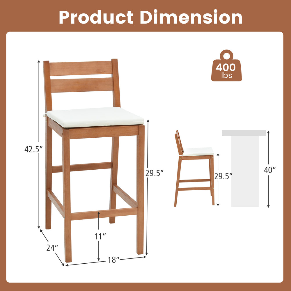 Dimensions of outdoor wood barstools with soft off-white cushions, featuring a sturdy eucalyptus frame and ergonomic.