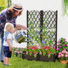Child watering plants in a rustic brown PE rattan raised garden bed with trellis, perfect for outdoor gardening and.