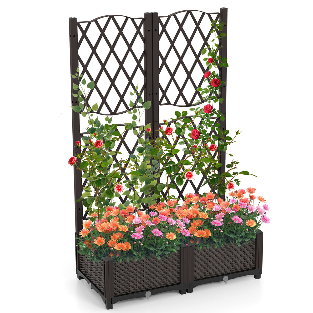 Raised garden bed with trellis in rustic brown, ideal for climbing plants and flowers, perfect for patios and gardens.