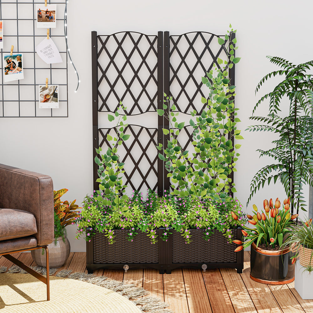 Set of 2 PE rattan raised garden beds with trellis, perfect for climbing plants in rustic brown for patio or garden use.