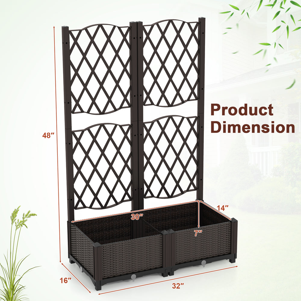 Raised garden bed with trellis in rustic brown, ideal for climbing plants, made of durable PE rattan for outdoor use.