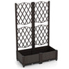 PE rattan raised garden bed with trellis for climbing plants, rustic brown, ideal for patio or backyard gardening.