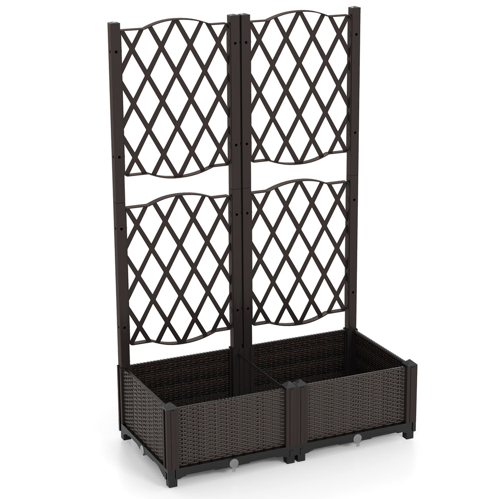 PE rattan raised garden bed with trellis for climbing plants, rustic brown, ideal for patio or backyard gardening.