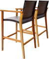 Set of 2 PE wicker patio bar chairs with acacia wood armrests, featuring a curved seat and backrest for comfort.