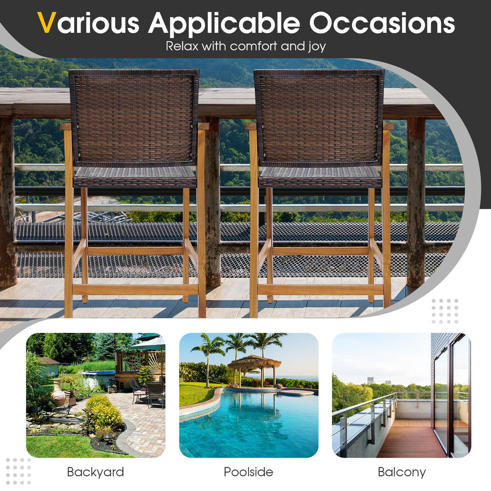 Set of 2 PE wicker patio bar chairs with acacia wood armrests, ideal for poolside or balcony relaxation.