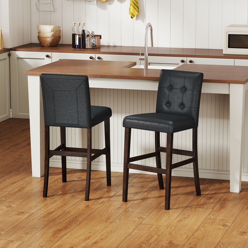 Set of 2 PVC leather bar stools with solid wood legs, featuring a comfortable upholstered seat, ideal for kitchen use.