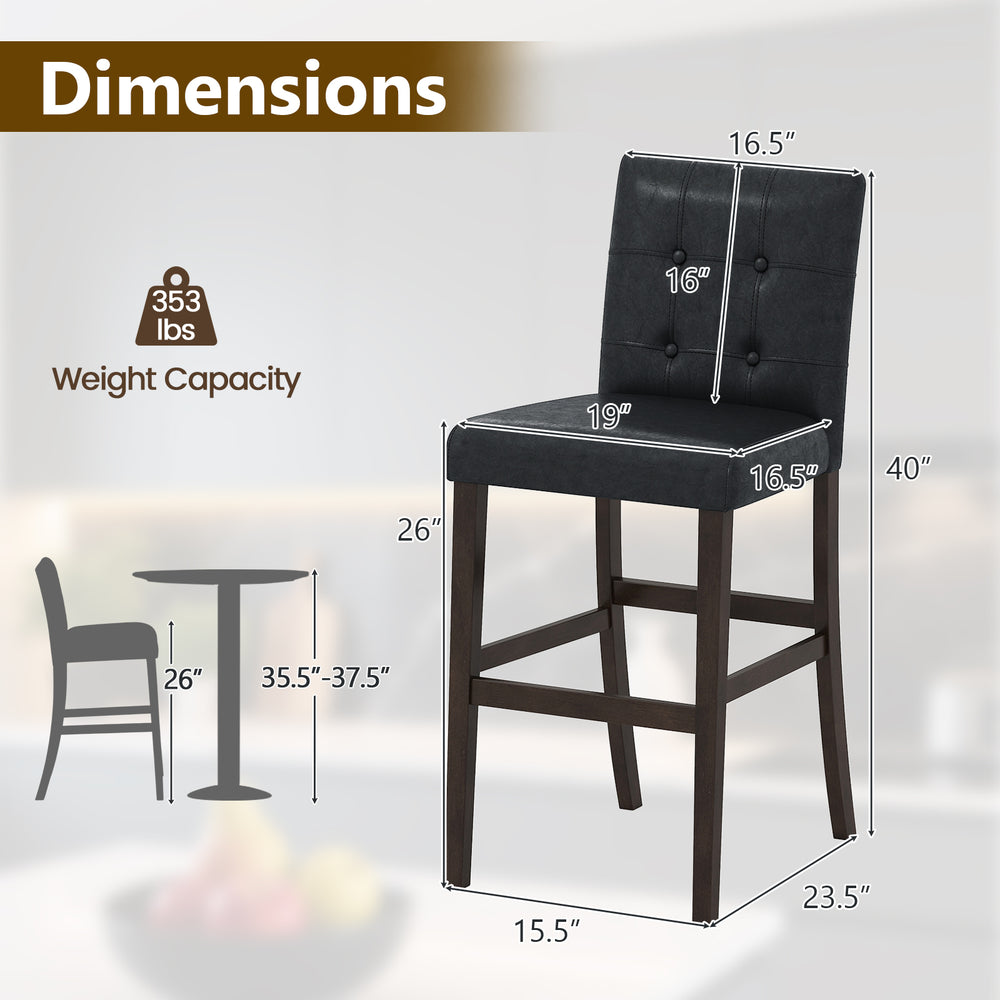 Dimensions of PVC leather bar stool with solid wood legs, featuring a 353 lbs weight capacity, ideal for kitchen or bar.