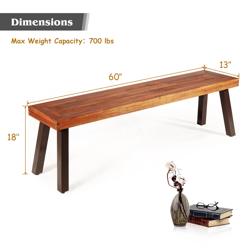 Acacia wood dining bench with steel legs, 60" long, 18" high, ideal for outdoor patio and versatile use.
