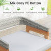 Set of 2 gray patio bar stools with acacia wood, PE wicker backrests, and soft cushions for outdoor comfort.