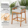 Counter height bar stool with gray cushion, acacia wood frame, and PE wicker backrest for patio or garden use.
