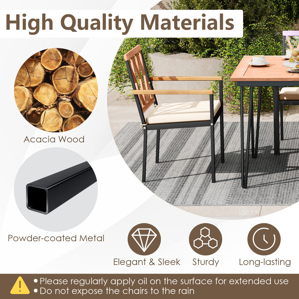 Set of 2 patio dining chairs with acacia wood armrests, removable cushions, and sturdy powder-coated metal frame.
