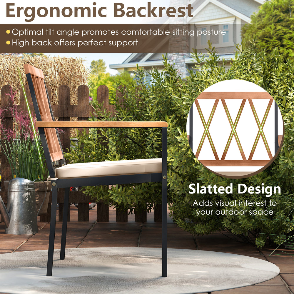 Side view of a patio dining chair with ergonomic backrest, acacia wood armrests, and removable padded cushion for.