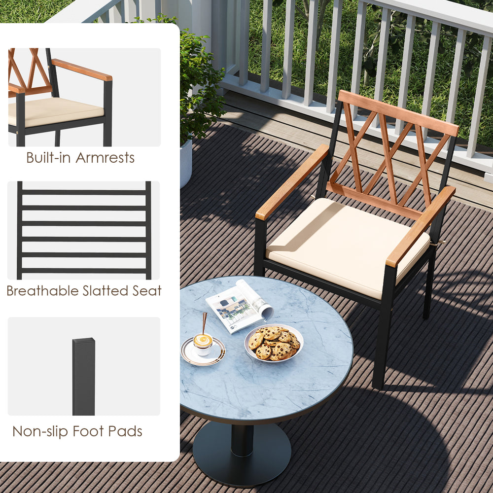 Patio dining chair with acacia wood armrests, removable cushion, and slatted backrest for outdoor comfort and style.
