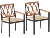 Set of 2 patio dining chairs with acacia wood backrests and removable cushions for comfortable outdoor seating.
