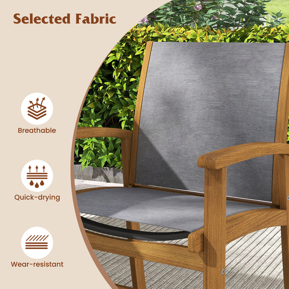 Patio dining chair featuring breathable fabric and acacia wood frame, designed for comfort and durability in outdoor.