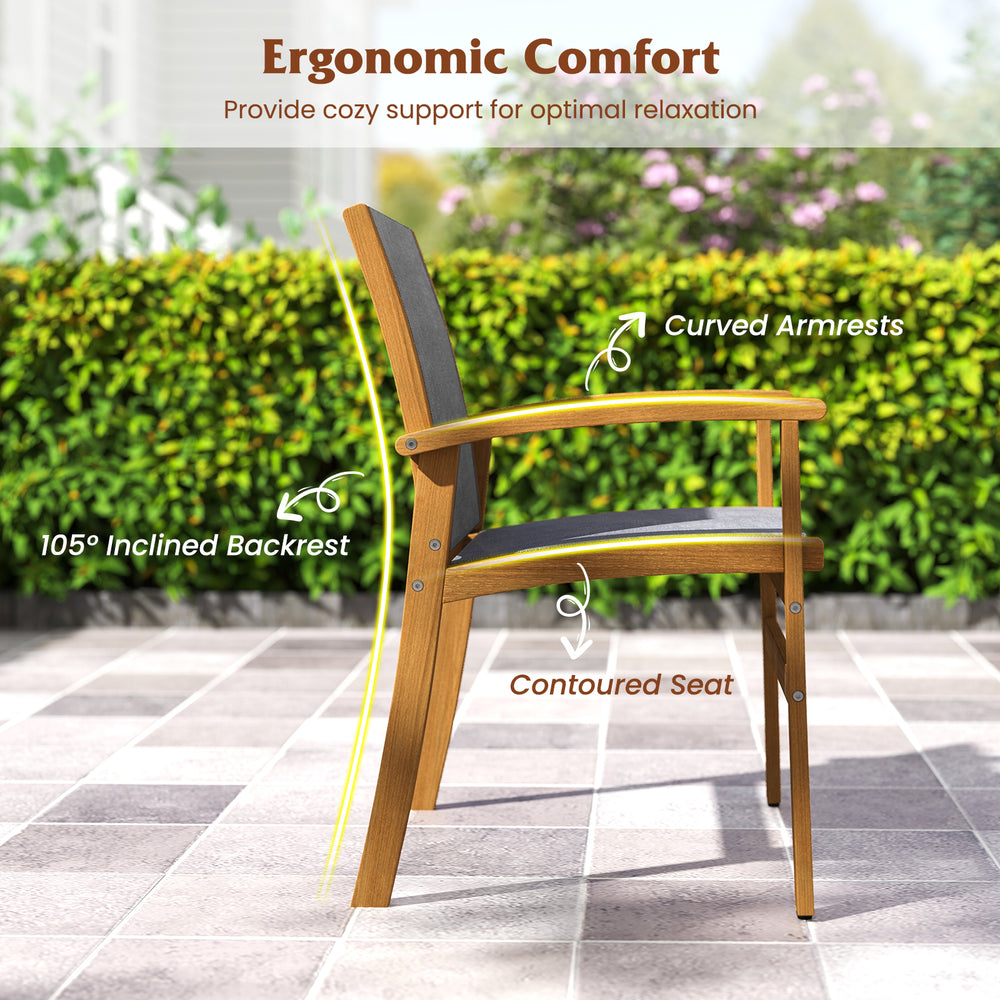 Side view of a patio dining chair with acacia wood frame and breathable fabric, featuring curved armrests and 105°.