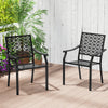 Single patio dining chair featuring a high backrest, curved armrests, and a powder-coated steel frame for durability.