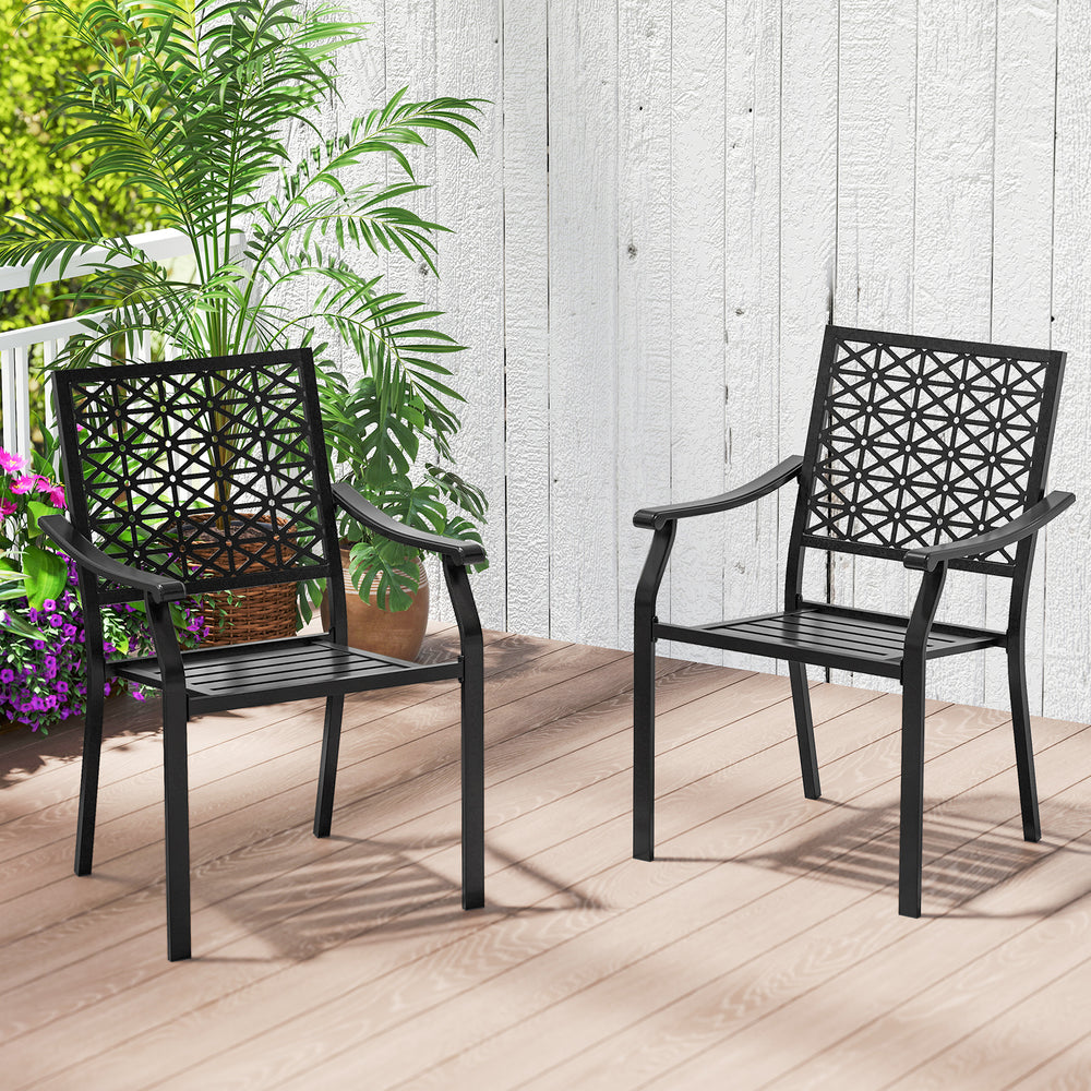 Single patio dining chair featuring a high backrest, curved armrests, and a powder-coated steel frame for durability.