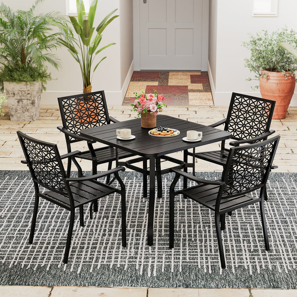 Set of 2 patio dining chairs with curved armrests, reinforced steel frame, and stackable design for outdoor or indoor.