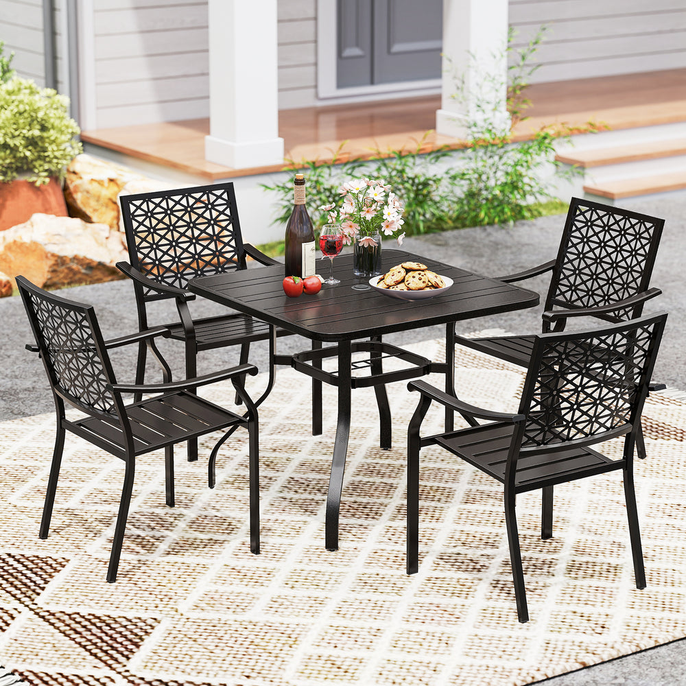 Set of 2 patio dining chairs with curved armrests and reinforced steel frame, perfect for outdoor dining and relaxation.